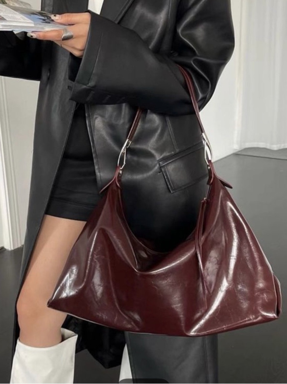 Commense Burgundy Shoulder Tote with Glossy Finish